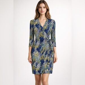 BCBGMaxAzria Wrap Dress Medium M Blue Stretch 3/4 Long Sleeve Washable